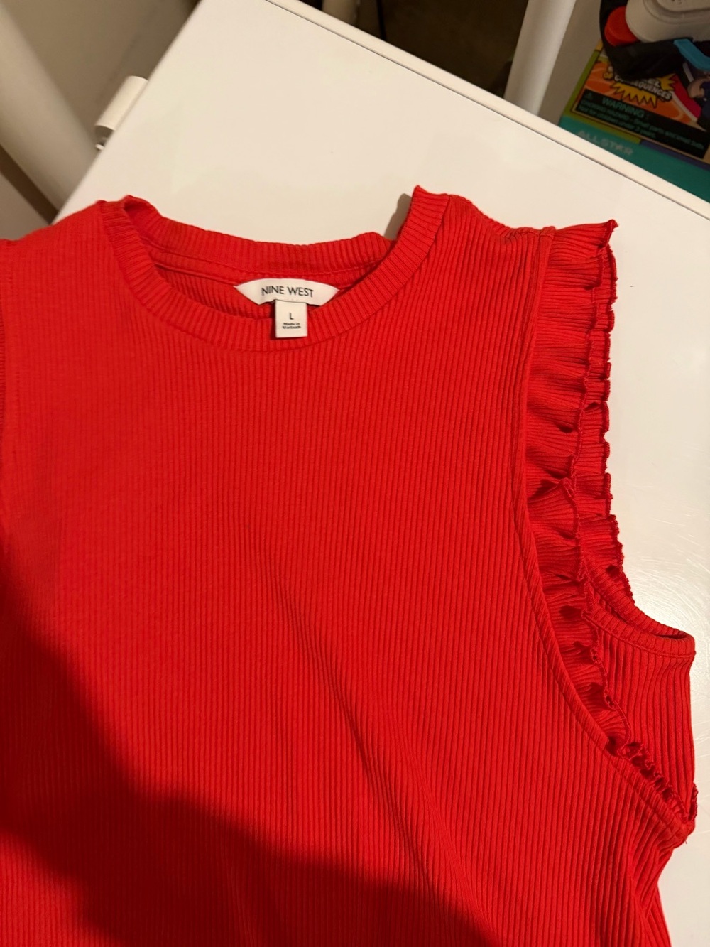 Nine West Red Ribbed Ruffle Sleeve Tank - Picture 3 of 4